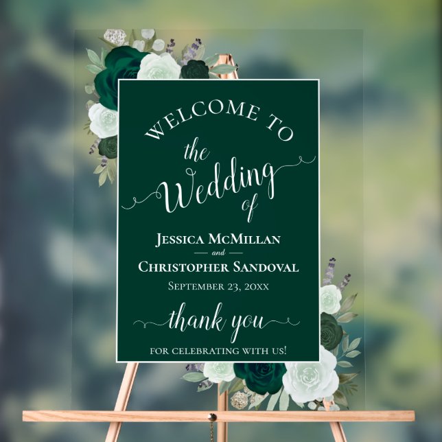 Señal Acrílica Elegant Emerald Green Boho Roses Wedding Welcome (Neutral )