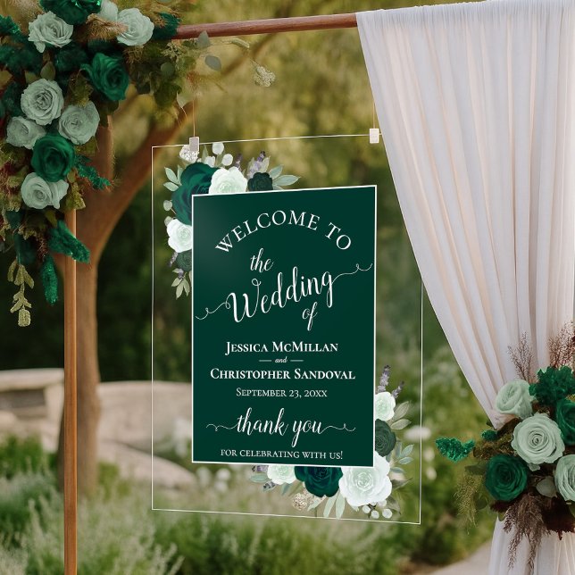 Señal Acrílica Elegant Emerald Green Boho Roses Wedding Welcome (Subido por el creador)