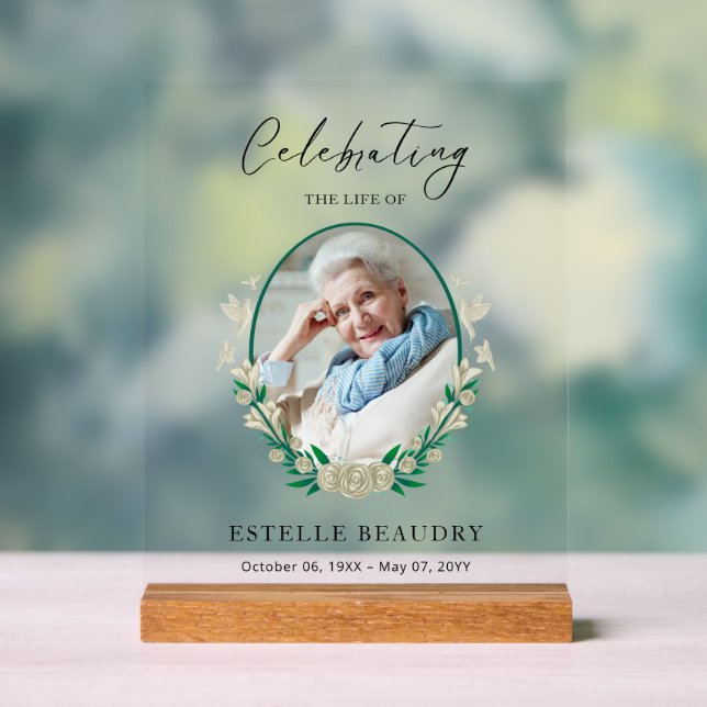 Señal Acrílica Elegant Floral Funeral Celebration of life Photo   (Neutral )