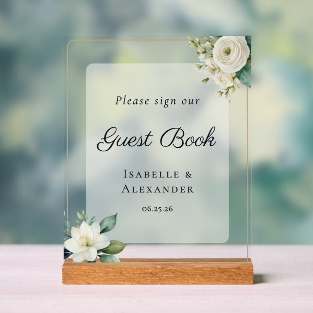 Señal Acrílica Elegant Frosted Botanical Wedding Guest Book (Neutral )