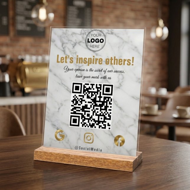 Señal Acrílica Elegant Gold Marble Modern Business QR Code (Elegant Marble & Gold Social Media QR Code Sign for Business)