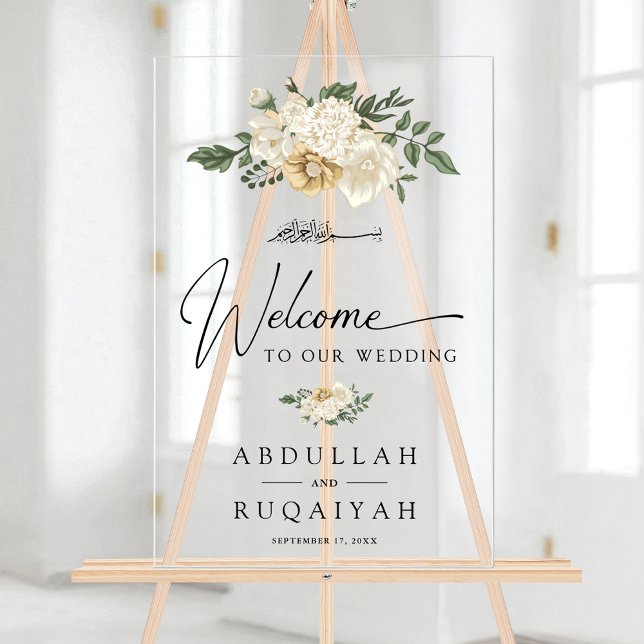 Señal Acrílica Elegant Ivory Floral Muslim Wedding Welcome (Subido por el creador)