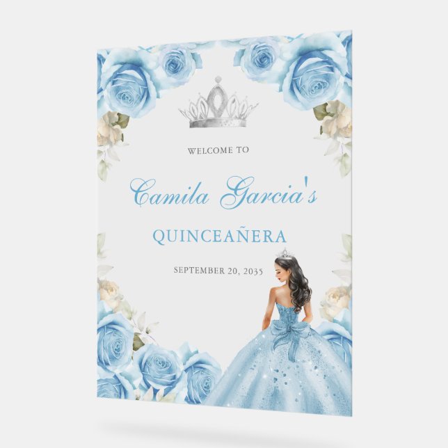 Señal Acrílica Elegant Light Blue Floral Quinceañera Welcome (Ángulo)