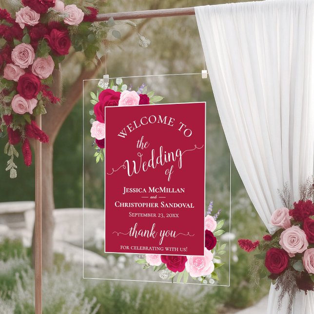 Señal Acrílica Elegant Magenta & Pink Boho Roses Wedding Welcome (Subido por el creador)