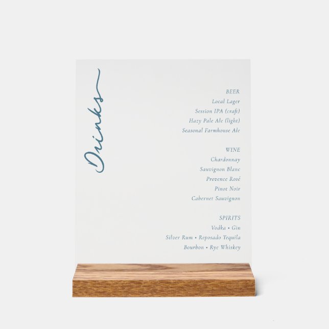 Señal Acrílica Elegant Minimalist Beverage Guide Blue Serif (Anverso)