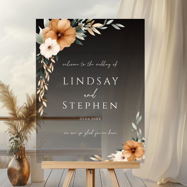 Señal Acrílica Elegant Monogram Copper Earthy Black Wedding (Custom Elegant Monogram Copper Earthy Botanical Wedding Acrylic Sign with your Names & Date)