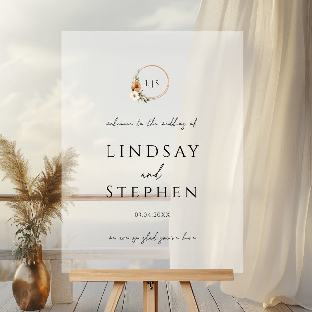 Señal Acrílica Elegant Monogram Copper Earthy Botanical Wedding (Custom Elegant Monogram Copper Earthy Botanical Wedding Acrylic Sign with your Names & Date)