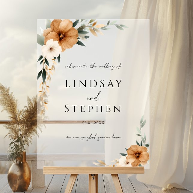 Señal Acrílica Elegant Monogram Copper Earthy White Wedding (Custom Elegant Monogram Copper Earthy Botanical Wedding Acrylic Sign with your Names & Date)