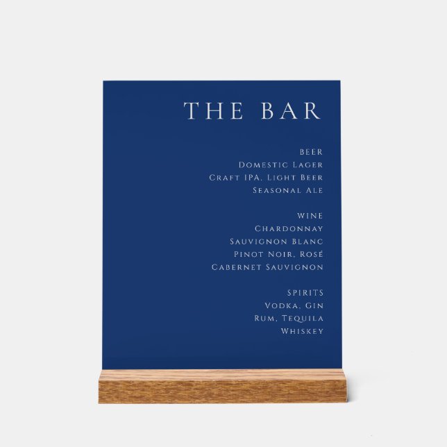 Señal Acrílica Elegant Navy Blue Serif Bar Menu (Anverso)