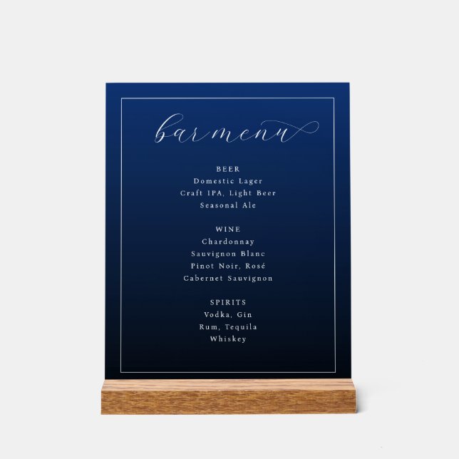 Señal Acrílica Elegant Navy Blue Typographic Bar Menu (Anverso)