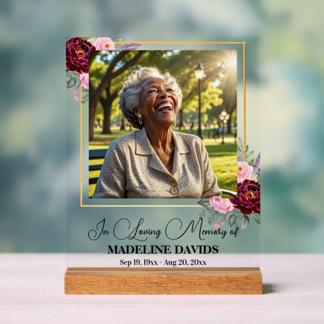 Señal Acrílica Elegant Peonies Gold Frame Photo Funeral  (Neutral )
