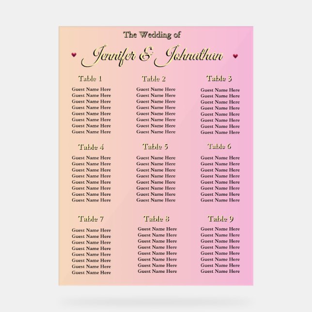 Señal Acrílica Elegant Pink Red Hearts Wedding Seating Chart (Anverso)