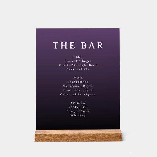 Señal Acrílica Elegant Purple Serif Bar Menu Sign (Anverso)