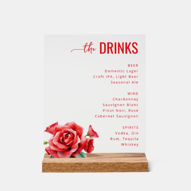 Señal Acrílica Elegant Red Floral Beverage Menu (Anverso)