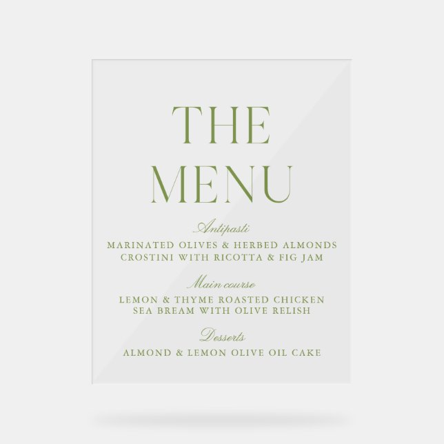 Señal Acrílica Elegant Sage Green Acrylic Wedding Menu Sign (Anverso)