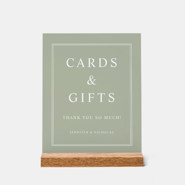 Señal Acrílica Elegant Sage Green Cards And Gifts Wedding (Anverso)