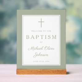 Señal Acrílica Elegant Sage Green Cross Boy Baptism Welcome