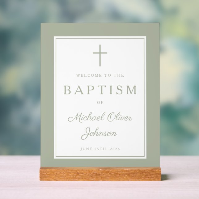 Señal Acrílica Elegant Sage Green Cross Boy Baptism Welcome (Neutral )