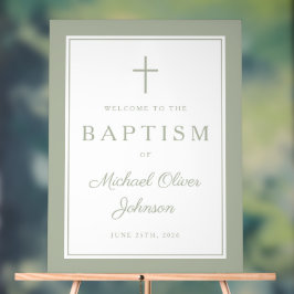 Señal Acrílica Elegant Sage Green Cross Boy Baptism Welcome