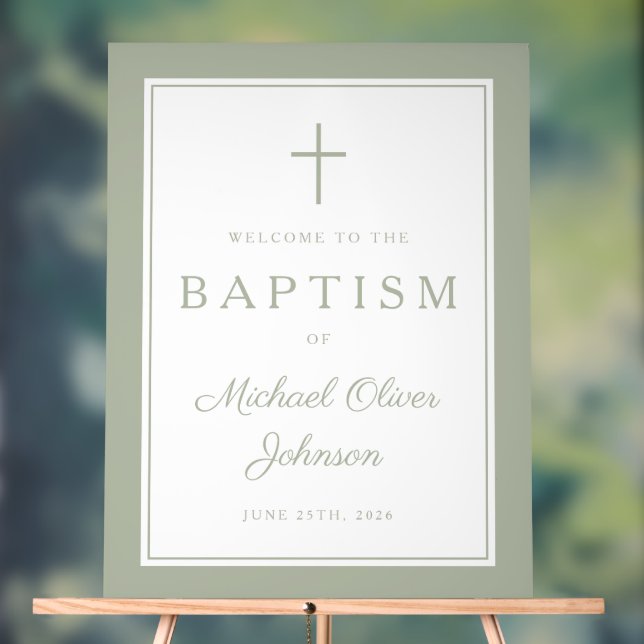 Señal Acrílica Elegant Sage Green Cross Boy Baptism Welcome (Neutral )