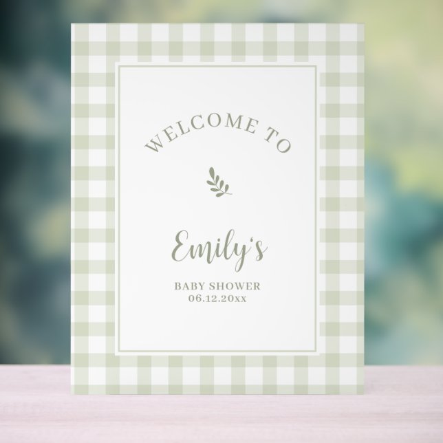 Señal Acrílica Elegant Sage Green Gingham Baby Shower Welcome (Neutral )