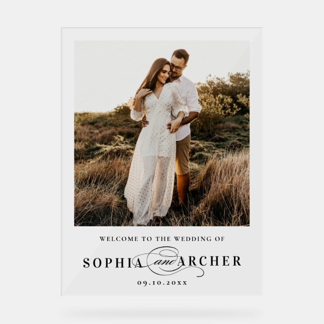 Señal Acrílica Elegant Script Black and White Wedding Welcome (Anverso)