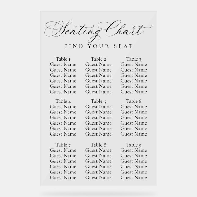 Señal Acrílica Elegant Script Wedding Seating Chart | Minimalist  (Anverso)