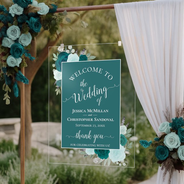 Señal Acrílica Elegant Teal & Aqua Boho Roses Wedding Welcome (Subido por el creador)