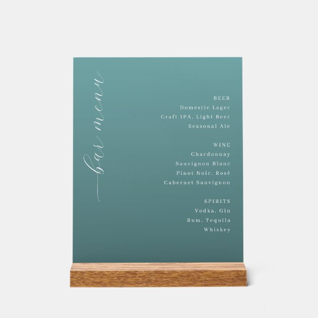 Señal Acrílica Elegant Teal Minimalist Bar Menu (Anverso)