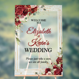 Señal Acrílica Elegant Wedding Red Rose Acrylic Welcome Sign
