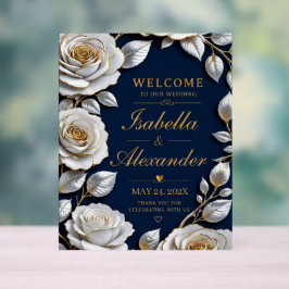 Señal Acrílica Elegant White and Gold Rose on Navy Blue 