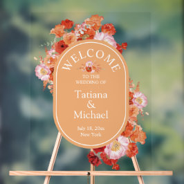 Señal Acrílica elegante acuarela naranja boda de bienvenida flora