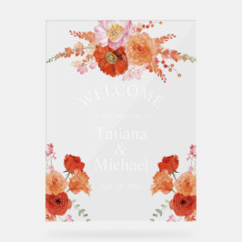 Señal Acrílica elegante acuarela naranja boda de bienvenida flora