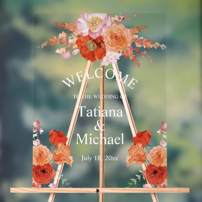 Señal Acrílica elegante acuarela naranja boda de bienvenida flora (Neutral )