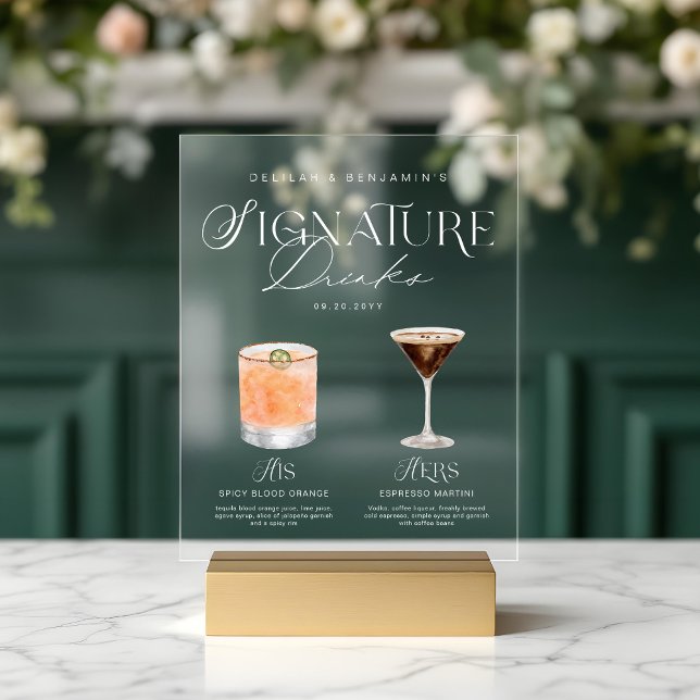 Señal Acrílica Elegante acuarela su Boda de bebida de firma (Elegant Watercolor His Her Signature Drink Wedding Acrylic Sign)