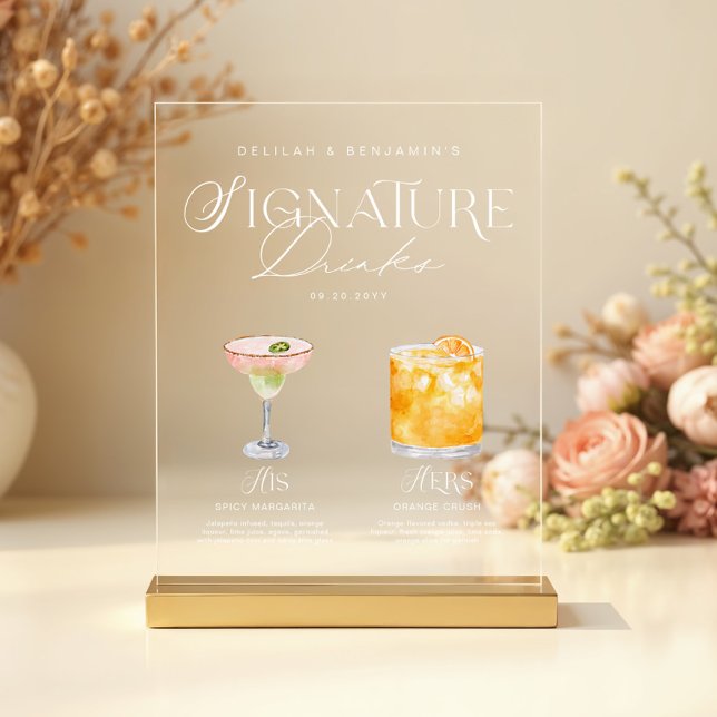 Señal Acrílica Elegante acuarela su Boda de bebida de firma (Elegant Watercolor His Her Signature Drink Wedding Acrylic Sign)