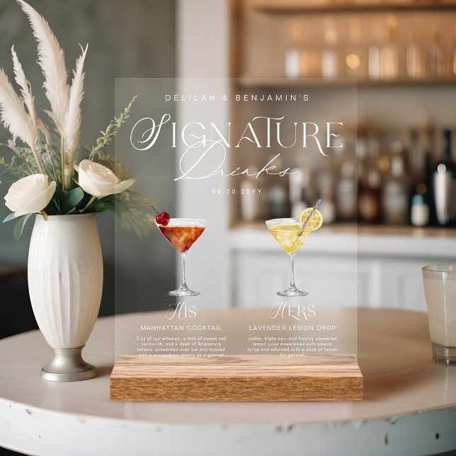 Señal Acrílica Elegante acuarela su Boda de bebida de firma (Elegant Watercolor His Her Signature Drink Wedding Acrylic Sign)