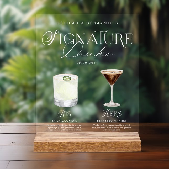 Señal Acrílica Elegante acuarela su Boda de bebida de firma (Elegant Watercolor His Her Signature Drink Wedding Acrylic Sign)