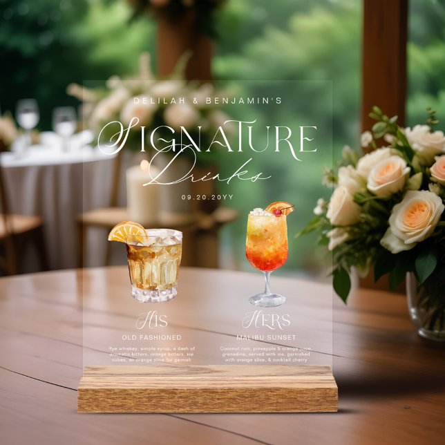 Señal Acrílica Elegante acuarela su Boda de bebida de firma (Elegant Watercolor His Her Signature Drink Wedding Acrylic Sign)