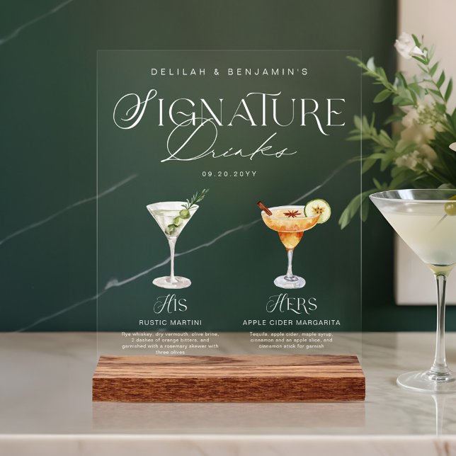 Señal Acrílica Elegante acuarela su Boda de bebida de firma (Elegant Watercolor His Her Signature Drink Wedding Acrylic Sign)