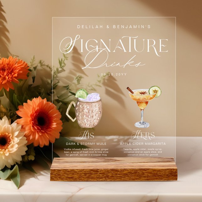 Señal Acrílica Elegante acuarela su Boda de bebida de firma (Elegant Watercolor His Her Signature Drink Wedding Acrylic Sign
)