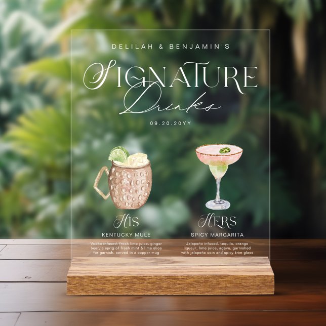 Señal Acrílica Elegante acuarela su Boda de bebida de firma (Elegant Watercolor His Her Signature Drink Wedding Acrylic Sign)
