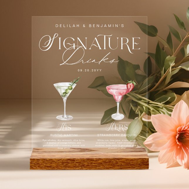 Señal Acrílica Elegante acuarela su Boda de bebida de firma (Elegant Watercolor His Her Signature Drink Wedding Acrylic Sign)