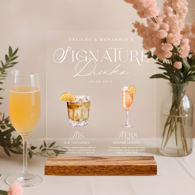 Señal Acrílica Elegante acuarela su Boda de bebida de firma (Elegant Watercolor His Her Signature Drink Wedding Acrylic Sign)