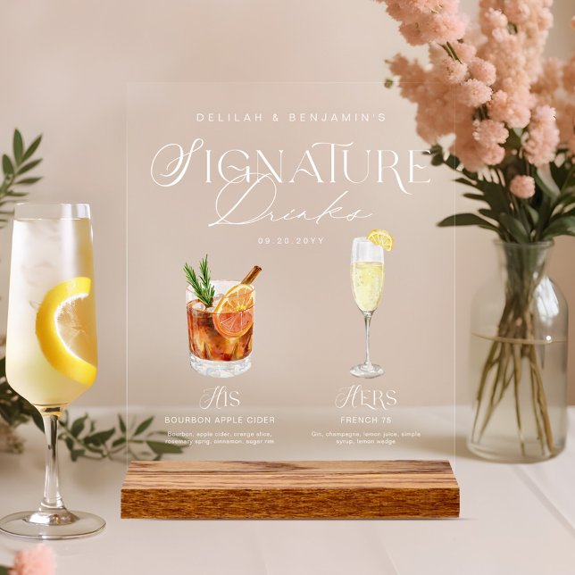 Señal Acrílica Elegante acuarela su Boda de bebida de firma (Elegant Watercolor His Her Signature Drink Wedding Acrylic Sign)