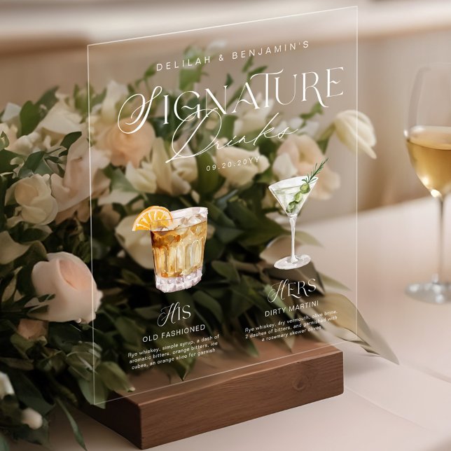 Señal Acrílica Elegante acuarela su Boda de bebida de firma (Elegant Watercolor His Her Signature Drink Wedding Acrylic Sign)