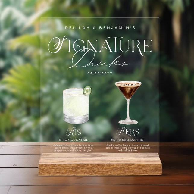 Señal Acrílica Elegante acuarela su Boda de bebida de firma (Elegant Watercolor His Her Signature Drink Wedding Acrylic Sign)