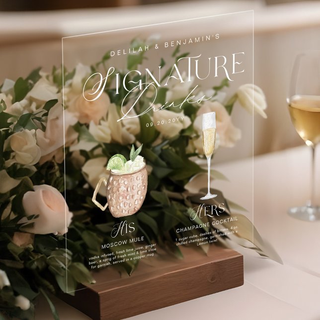 Señal Acrílica Elegante acuarela su Boda de bebida de firma (Elegant Watercolor His Her Signature Drink Wedding Acrylic Sign)