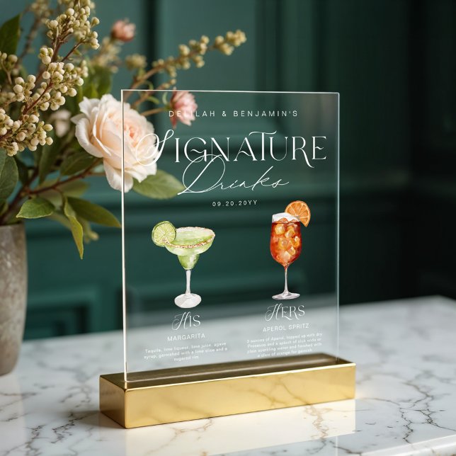 Señal Acrílica Elegante acuarela su Boda de bebida de firma (Elegant Watercolor His Her Signature Drink Wedding Acrylic Sign)