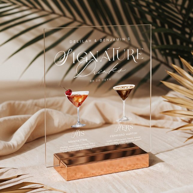 Señal Acrílica Elegante acuarela su Boda de bebida de firma (Elegant Watercolor His Her Signature Drink Wedding Acrylic Sign)